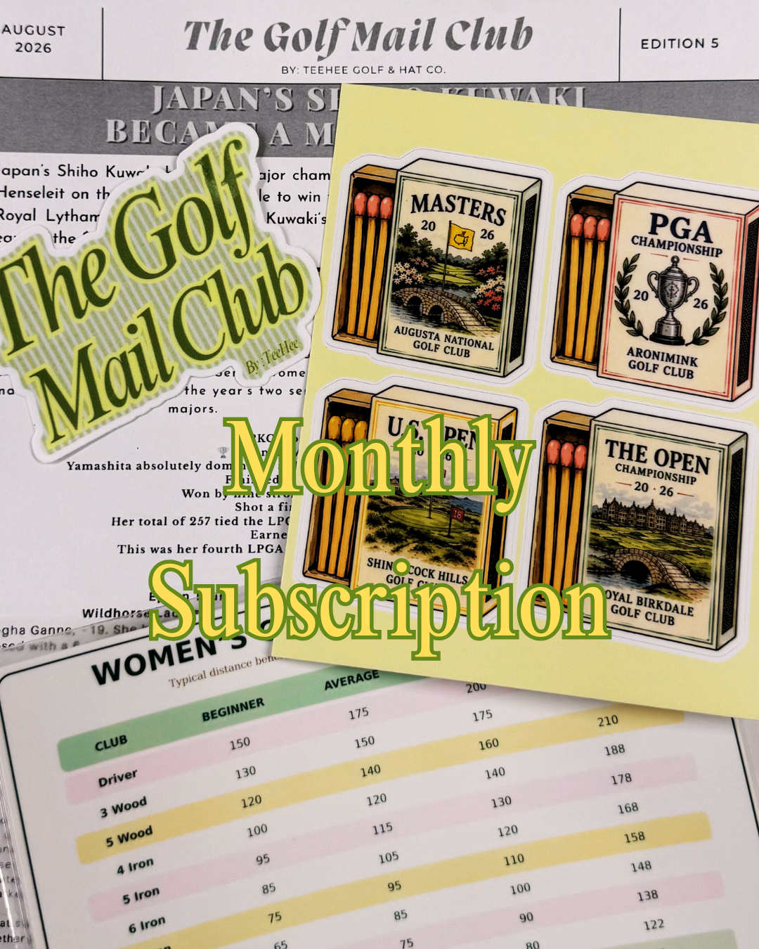 The August Golf Mail Club letter laid out with the postcard, mini art print, sticker and surprise